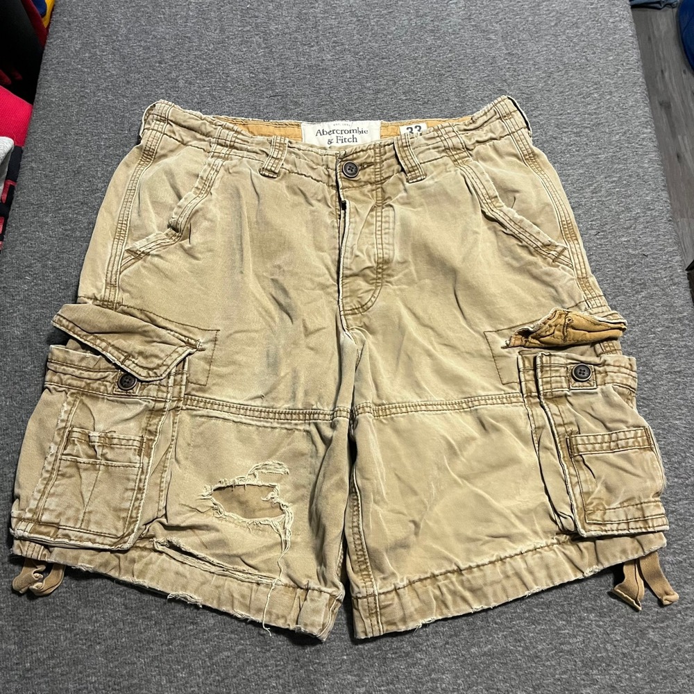 Abercrombie & Fitch Mens Distressed Cargo Shorts Khaki Tan Size 33 Vintage Y2K